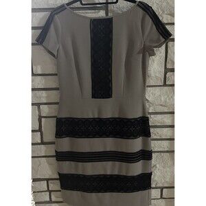 London Times Women's Dress Sz 10 Tan With Black Lace Sheath Dress Career Classic